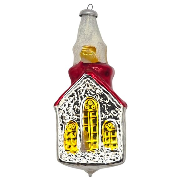 Vintage German Hand-Blown Church Glass Ornament With Red Roof & Yellow Windows - Picture 2 of 7